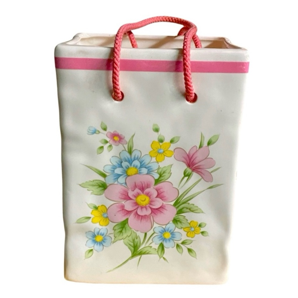 Vtg FTD ceramic Gitt Bag planter vase Spring posy wildflower nosegay pink border